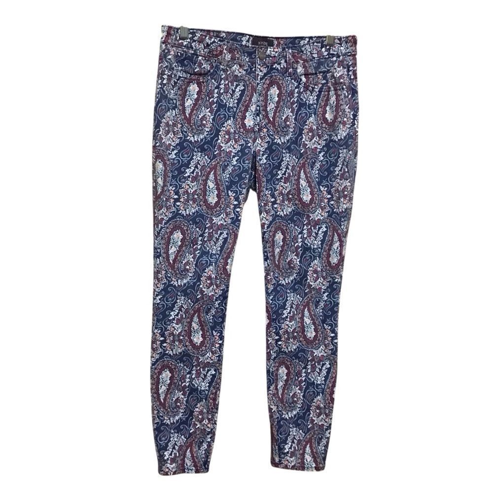 NYDJ For Chico's Size 8 Skinny Ankle Blue Paisley Denim Jeans Lift Tuck